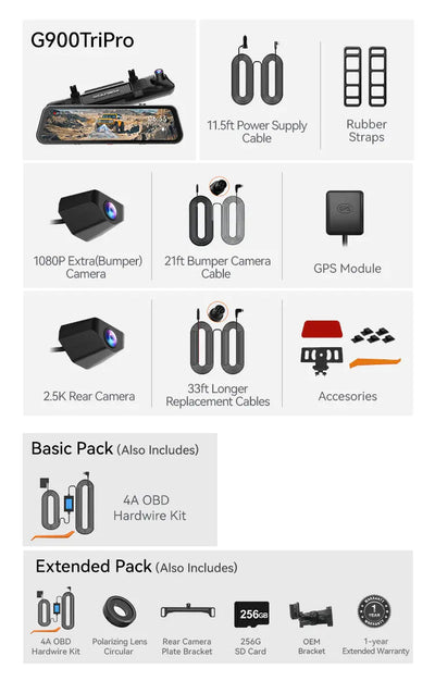 Wolfbox G900 TriPro Bumper Version 3 Channel Rearview Mirror Dash Cam - additional view 30