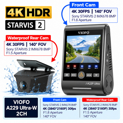 Viofo A229 Ultra W 2CH 4K Front & 4K Rear Dash Cam – Sony STARVIS 2 Sensors, IP67 Waterproof, Night Vision, Parking Mode