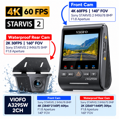 Viofo A329SW 2CH 4K Dual Dash Cam – 4K Front + 2K Waterproof Rear, Sony STARVIS 2, GPS, Parking Mode