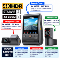 VIOFO A329TC 3 Channel Dash Cam – 4K Front, 2K Telephoto Zoom, 2K Cabin, STARVIS 2, GPS, Parking Mode