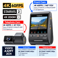 Viofo A329T 4K Dual Dash Cam 4K Front + 2K Telephoto Camera – 4K 60FPS, 4x Optical Zoom for License Plates, Wi‑Fi, Voice Control