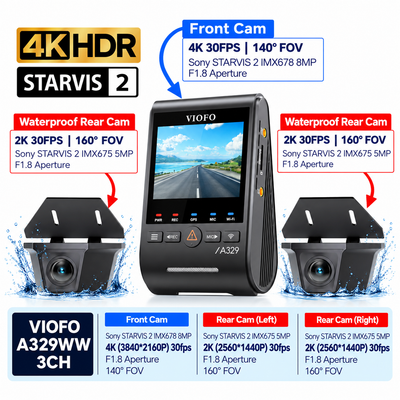 Viofo A329WW 4K 3 Channel Dash Cam with Dual Waterproof Rear Camera for Heavy-Duty Trucks and Trailers