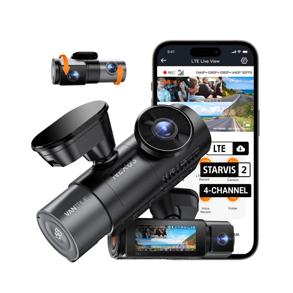 Vantrue N5S 2K 4 Channel Dash Cam, 360° Coverage, Quad Sony STARVIS 2, LTE Ready, 24/7 Parking Mode, 5GHz Wi‑Fi, GPS