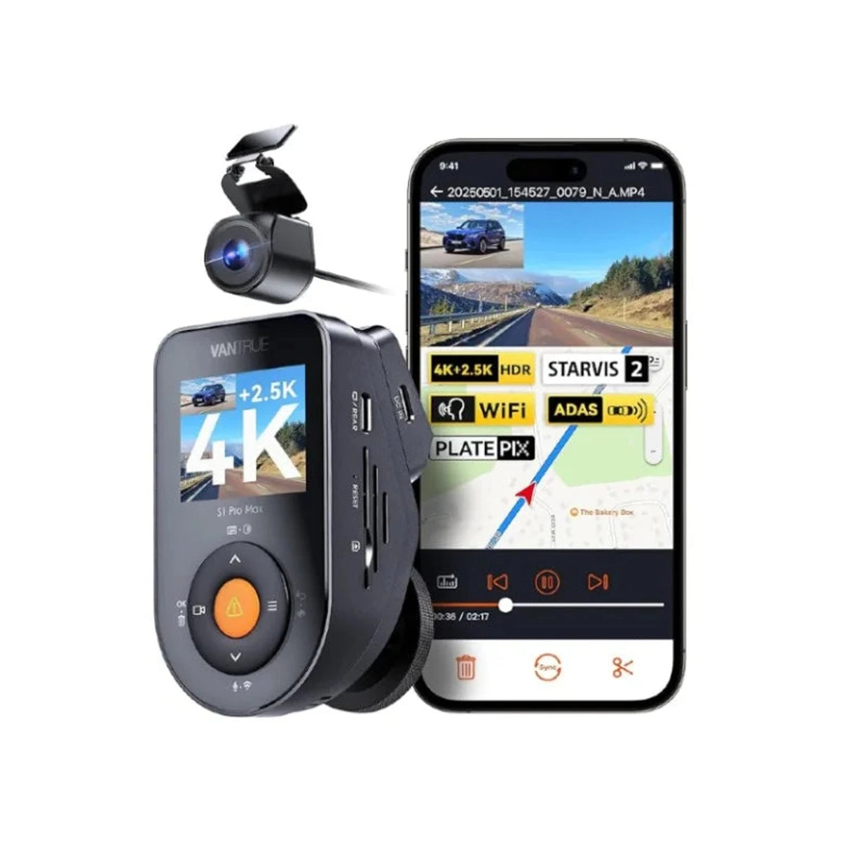 Vantrue S1 Pro Max Dual Dash Cam – 4K Front + 2.5K IP67 Rear, Dual STARVIS 2, HDR Night Vision, 5G Wi‑Fi, GPS
