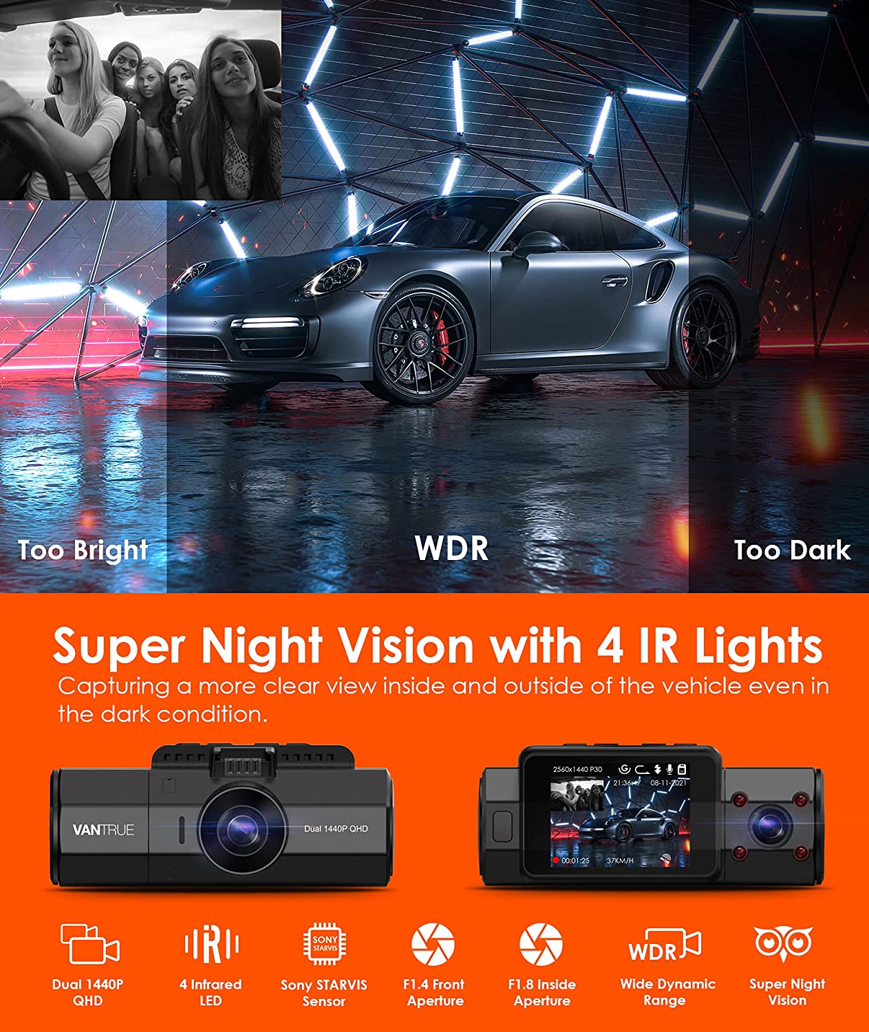 Pro Uber Dual 1080P Dash Cam, 2.5K 1440P Front Dash Cam, Front and Inside  Dash Camera w/Infrared Night Vision