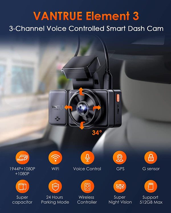 Vantrue E3 3 Channel Dash Cam 2.5K Front and Rear Inside Built-in