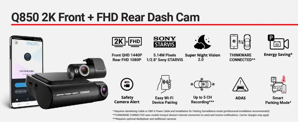Thinkware Q850 2K QHD Dual Dash Cam