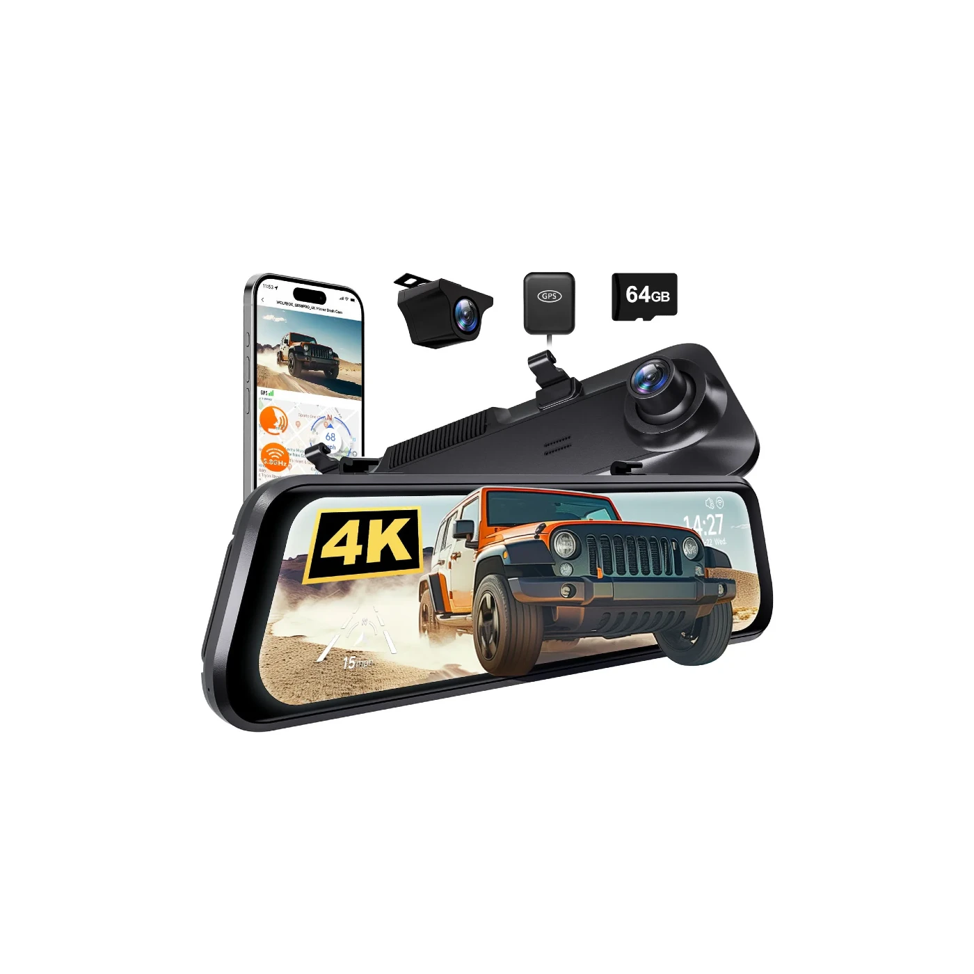 WOLFBOX G850 Pro 4K Wifi ADAS Front and Rear Mirror Dash Cam